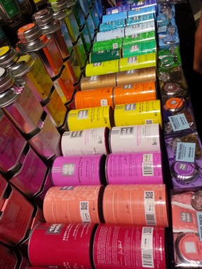 A colourful selection of tea tins at the Melbourne night market.